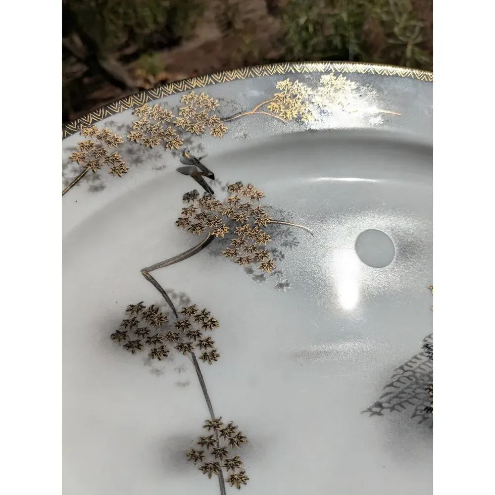 Vintage Kutani Hand Painted Japan Platter & Teacup Set - Monochrome Mt Fuji